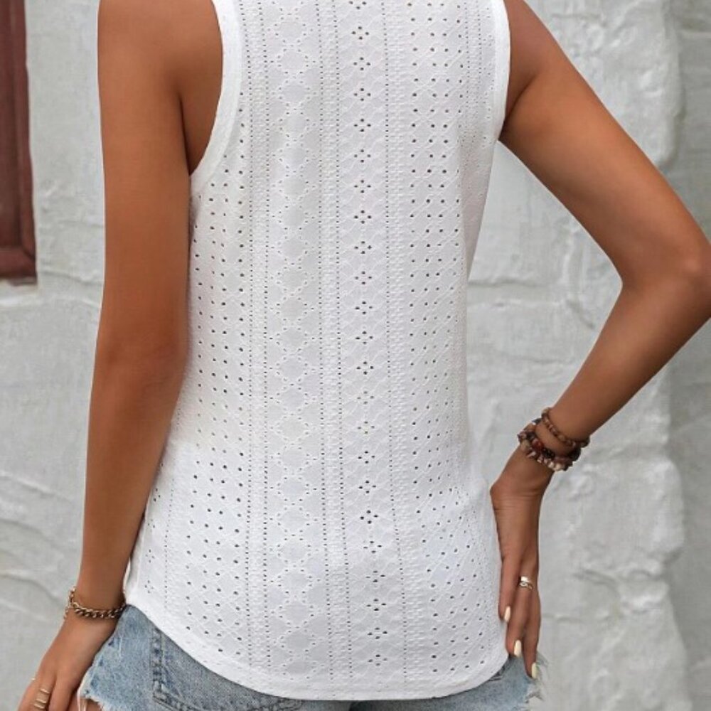 white boho v neck sleeveless tank top eyelet lace shirt - Picture 2 of 2